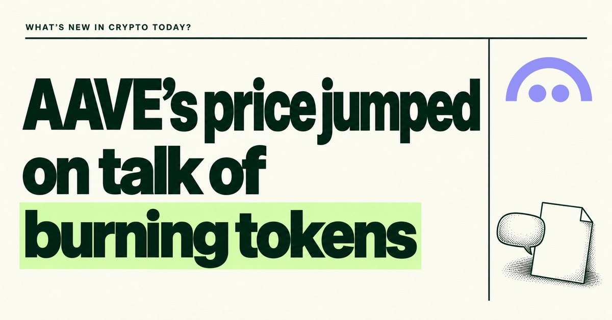 AAVE's price jumped on talk of burning tokens. Forest-green headline on cream beside the official Aave icon and a speech bubble facing a blank proposal page.