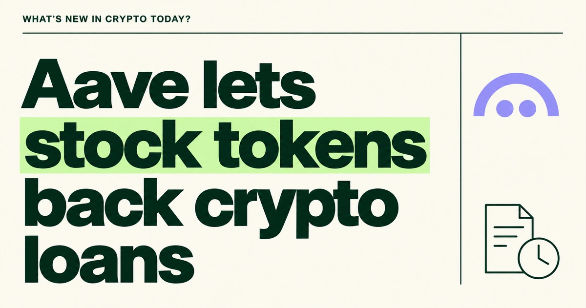 Aave lets stock tokens back crypto loans. Green headline on cream, with Aave's purple ghost mark and a small document-and-clock illustration.