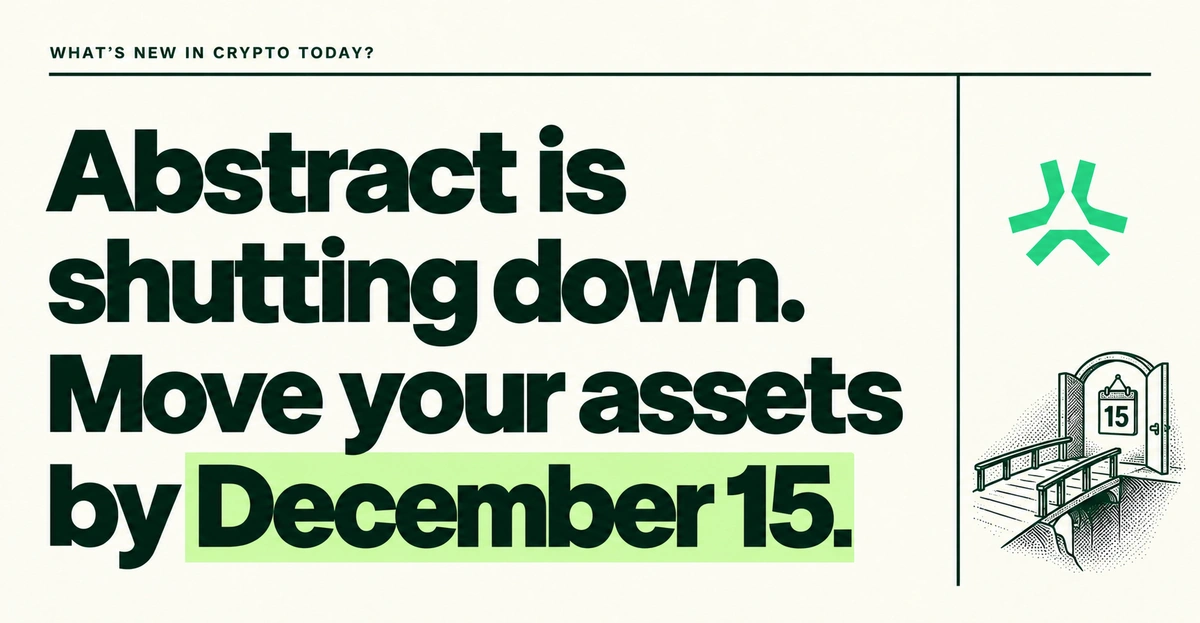 Abstract is shutting down. Move your assets by December 15. Forest-green headline on cream beside the centered Abstract icon and a small engraved bridge leading to an exit gate marked 15.