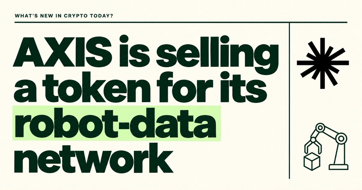 AXIS is selling a token for its robot-data network. Heavy green lettering on cream, with a small robot-gripper illustration and the AXIS mark.