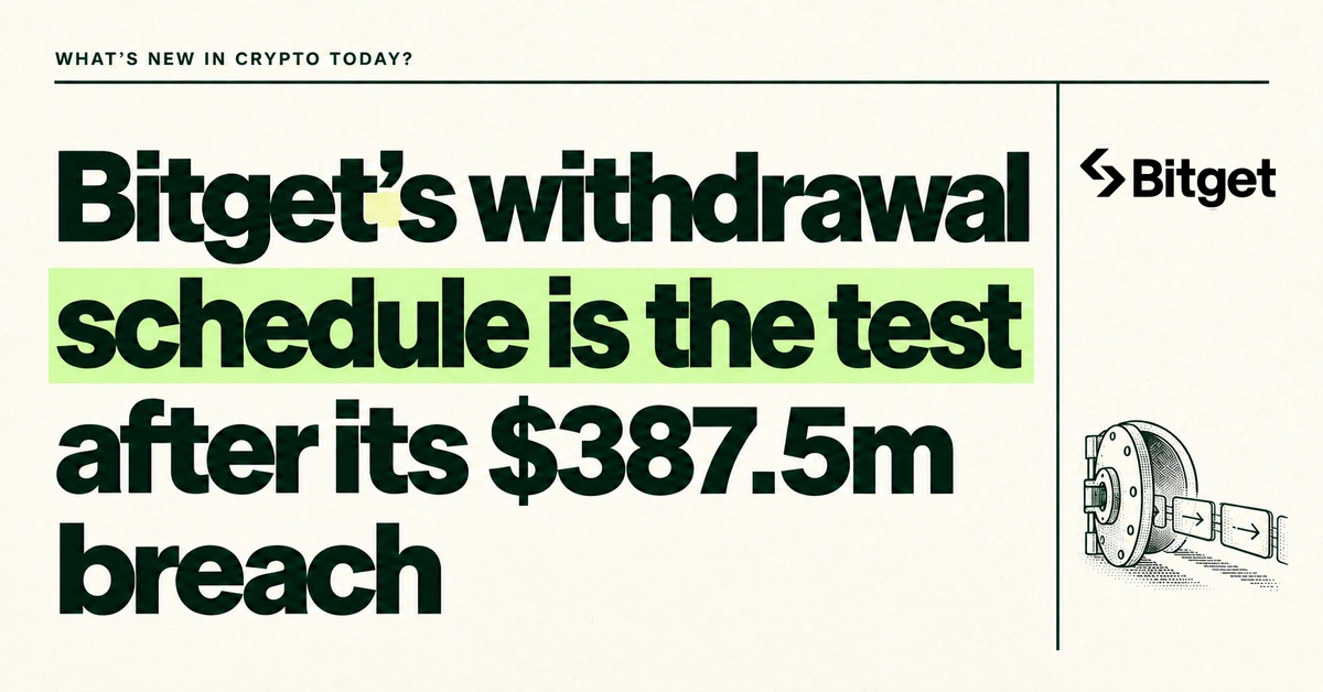 Bitget's withdrawal schedule is the test after its $387.5 million breach. Oversized forest-green lettering on textured cream, with the Bitget logo and an engraved vault-and-transaction illustration.