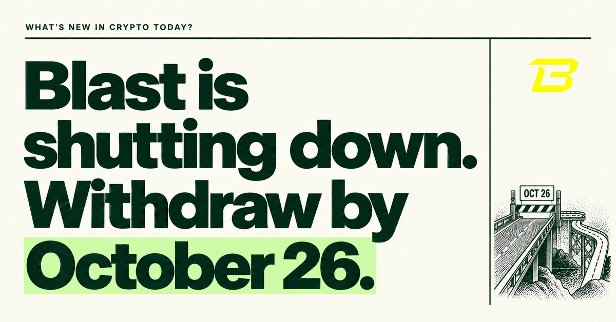 Blast is shutting down. Withdraw by October 26. Forest-green headline on cream beside the official yellow Blast icon and an engraved bridge whose simple route ends at an October 26 gate.