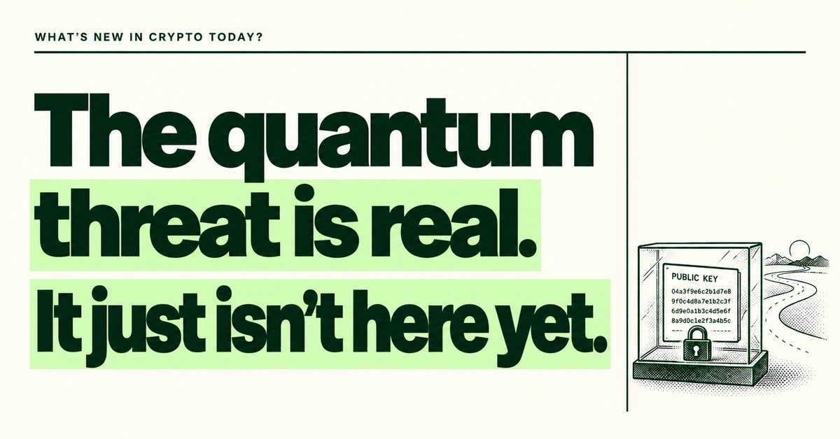 The quantum threat is real. It just isn't here yet. Forest-green headline on cream beside an engraved protected public key and migration path.