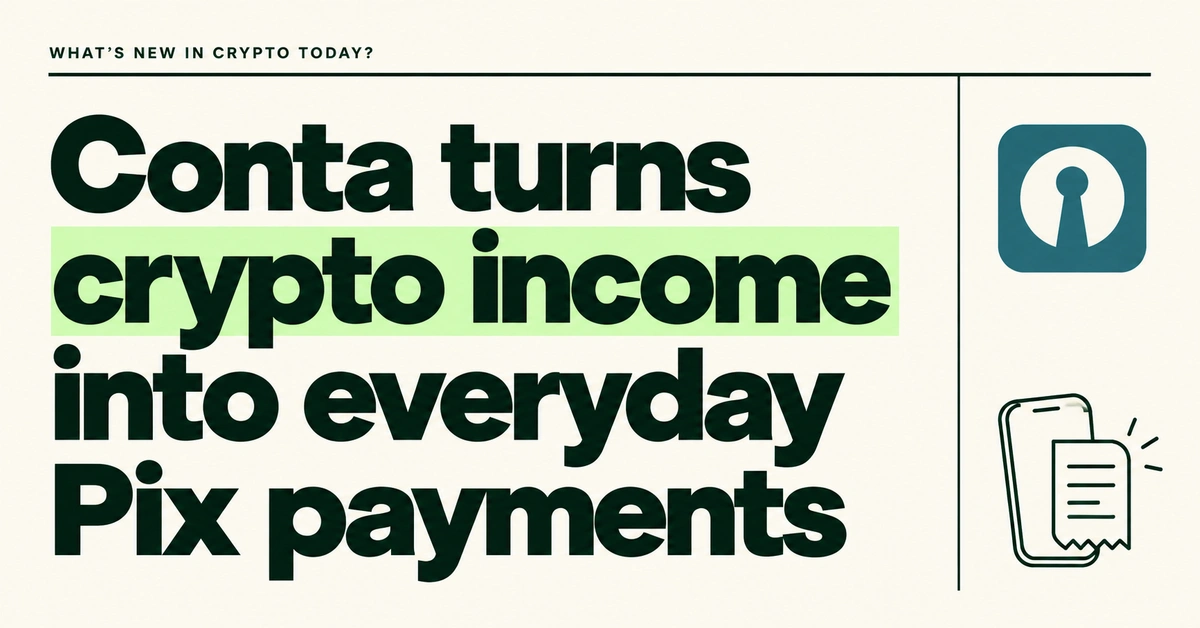 Conta turns crypto income into everyday Pix payments. Green headline on cream, Conta's teal icon and a small phone-and-receipt illustration.