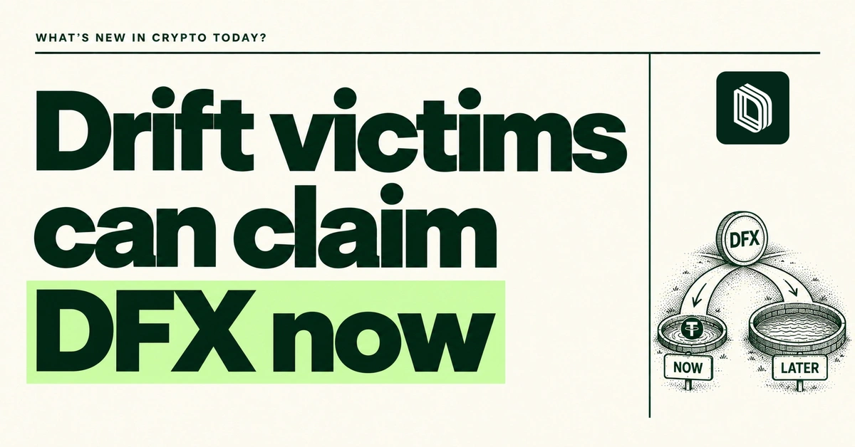 Drift victims can claim DFX now. Forest-green headline on cream beside the official Drift icon and an engraved fork between a small immediate USDT pool and uncertain later recovery.