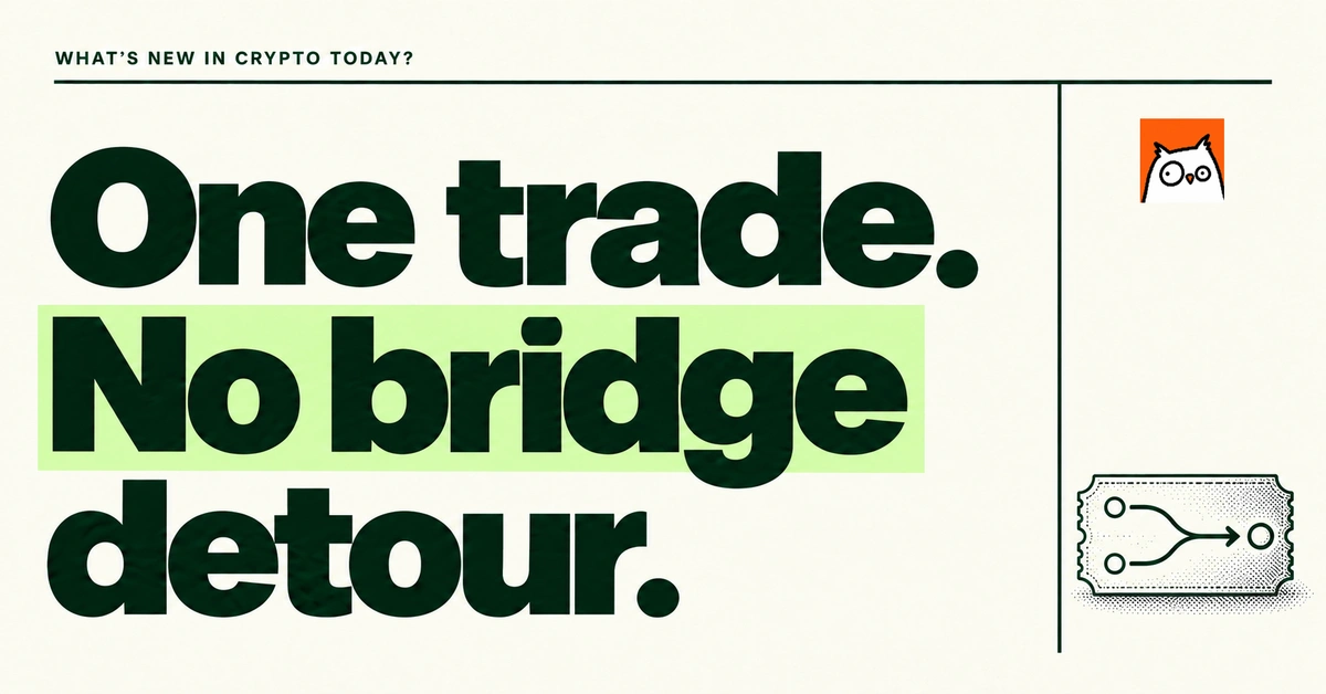 One trade. No bridge detour. Forest-green headline on cream beside the JustHoot mark and a small engraved cross-chain route.