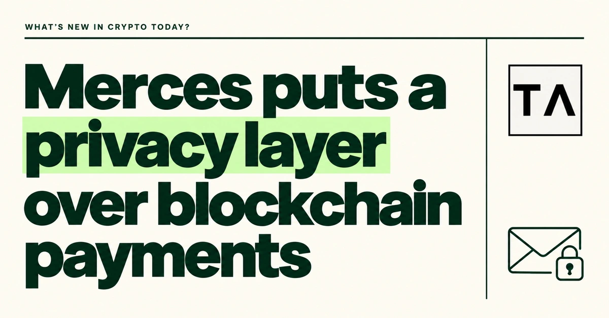 Merces puts a privacy layer over blockchain payments. Green headline on cream, TACEO's black-and-white icon and a small envelope-and-lock illustration.