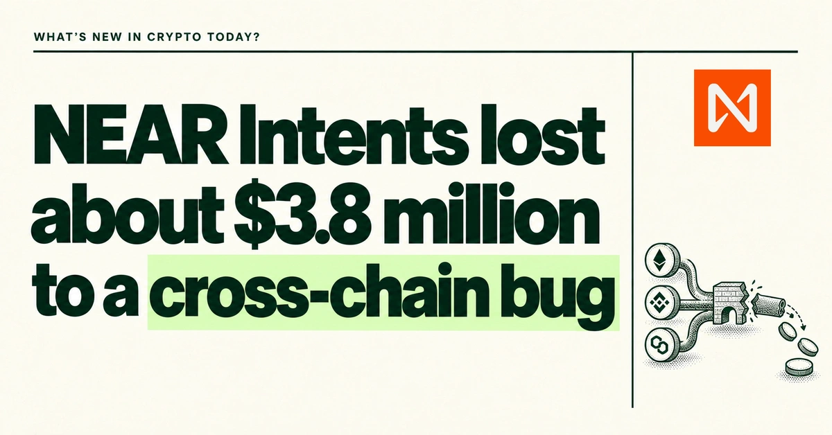 NEAR Intents lost about $3.8 million to a cross-chain bug. Forest-green headline on cream beside the official NEAR Intents mark and an engraved set of cross-chain routes with one broken connector.