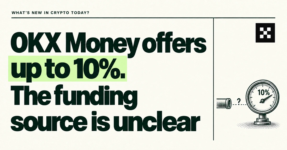 OKX Money offers up to 10%. The funding source is unclear. Forest-green headline on cream beside the official OKX icon and a small reward gauge with a disconnected input pipe.