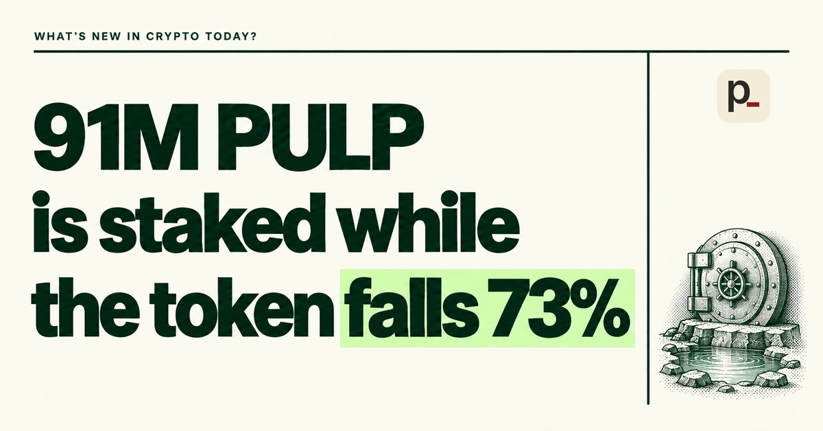91M PULP is staked while the token falls 73%. Forest-green headline on cream beside the official PaperDAO icon and a small locked vault above shallow liquidity.