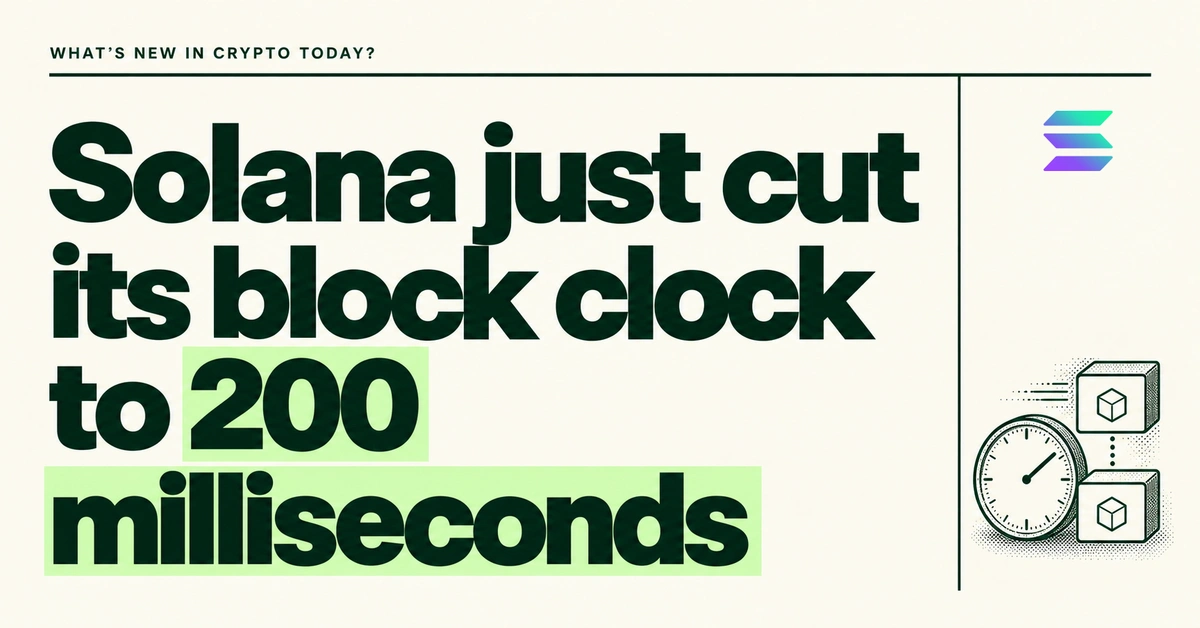 Solana just cut its block clock to 200 milliseconds. Forest-green headline on cream beside the official Solana icon and a small clock splitting one block window into two.
