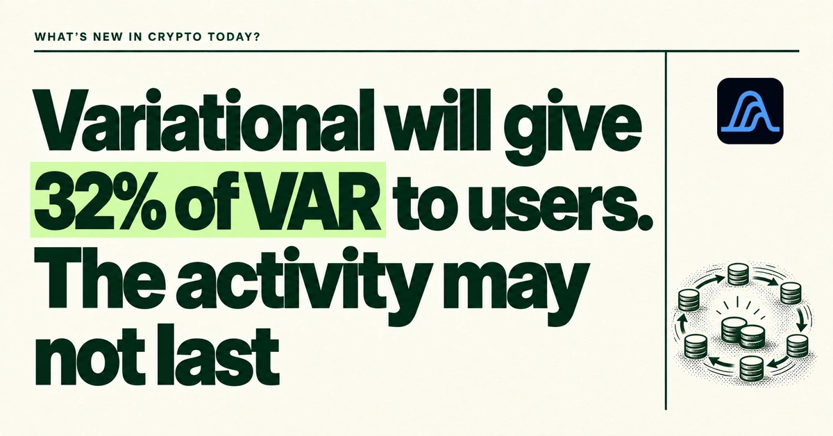 Variational will give 32% of VAR to users. The activity may not last. Oversized forest-green headline on textured cream, with 32% of VAR in lime, the official Variational icon and a small engraved turnover illustration.