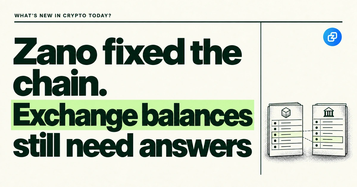 Zano fixed the chain. Exchange balances still need answers. Forest-green headline on cream beside the official Zano icon and two engraved ledgers with mismatched rows.